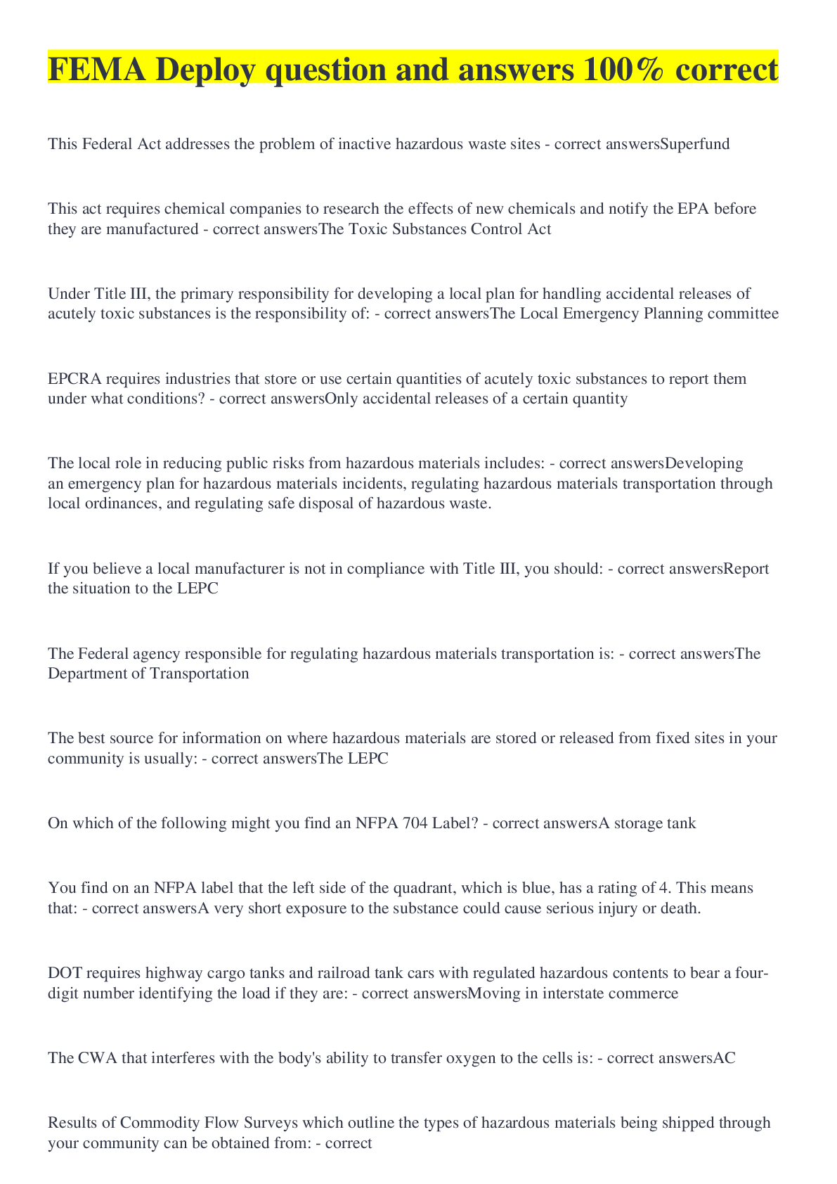 Preview image for FEMA Deploy question and answers 100% correct